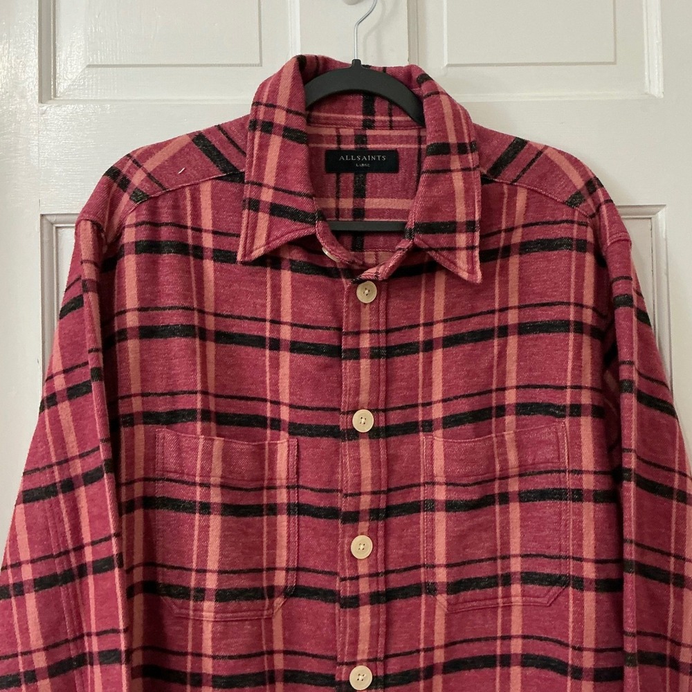 AllSaints Plaid Flannel Shirt Shacket Mens L Cotton Western Cabin Outdoor Boho